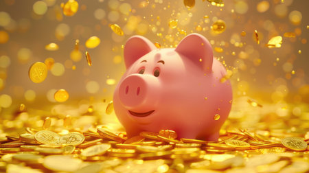 Pink piggy bank showered with gold coins, overflowing and covering the floor in richesの素材