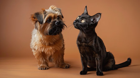 Adorable Jagdterrier and Scottish Straight cat standing upright, capturing a moment of playful and charming pet companionship. Studio shot.の素材