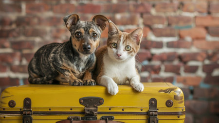 Confident dog and cat duo perched on a bright yellow suitcase, ready for travel or playful exploration. Cute pet companionship.の素材