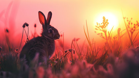 Silhouette of a rabbit in the meadow at sunset, under the warm hues of twilightの素材