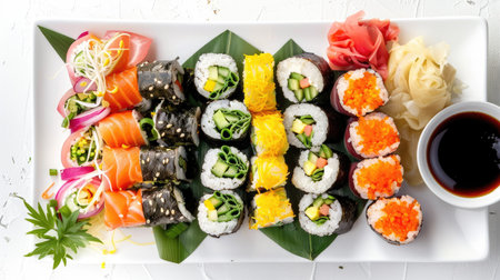 Assorted fresh rolls with colorful vegetable and pork fillings, arranged on a white plate with dipping sauceの素材