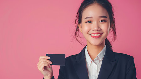 Beautiful young Asian businesswoman in suit smiling, holding credit card for online transaction, pink background.の素材