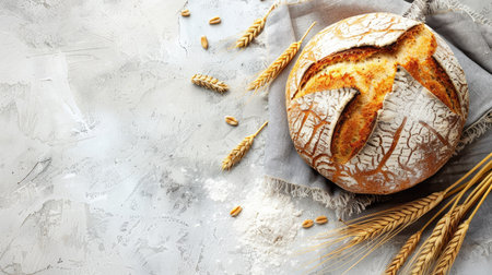 Top view of delicious homemade fresh baked bread with flour and wheat ears on light grey stone background. Perfect for artisanal bakery themes.の素材