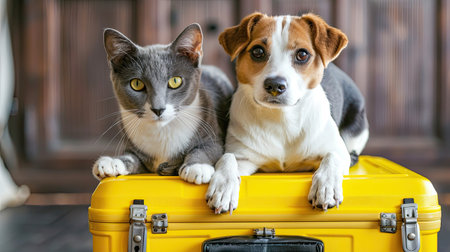 Sweet dog and cat standing together on a yellow suitcase, ready for travel or a playful journey. Lovely pet companionship.の素材