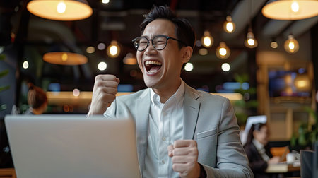 Thrilled Asian executive celebrating achievement at work, excitedly looking at laptop, success in office.の素材