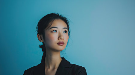 Portrait of a young Asian executive, confident pose, blue backdrop.の素材