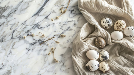 Quail eggs on a marble countertop, natural and rustic settingの素材