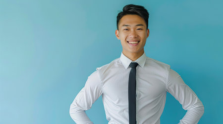 Young Asian businessman with a confident smile, hands on hips, blue backdrop.の素材