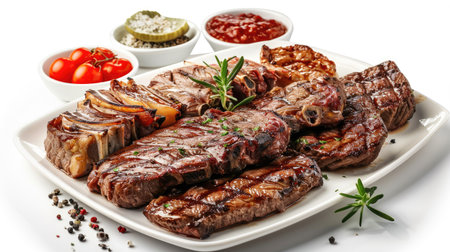 Assortment of grilled meats, featuring ultra-realistic beef steak, detailed and perfectly cooked, angle viewの素材