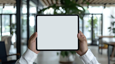 Business executive showcasing mockup iPad digital tablet with blank screen in sleek office environment. Insert your design easily.の素材