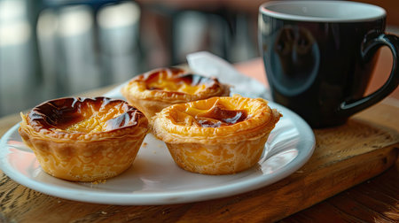 Egg tart, pastel de nata, with a coffee cup, traditional Portuguese dessert pairingの素材