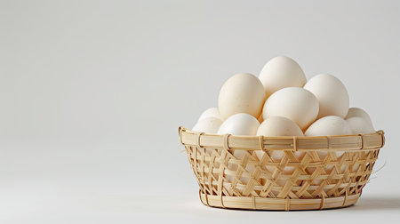 Bamboo basket with stack of fresh chicken eggs, white background, perfect for food and nutrition advertisingの素材