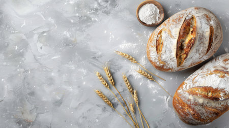Homemade fresh baked bread with flour and wheat ears on light grey slate background, top view. Rustic and wholesome bakery goodness.の素材