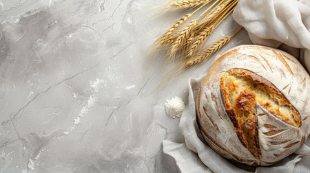 Rustic homemade fresh baked bread with flour and wheat ears on light grey stone background, top view. Perfect for showcasing artisan bakery products.の素材