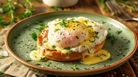 Egg Benedict on a green plate with a perfect poached egg and creamy hollandaiseの素材