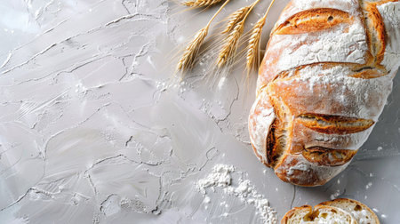 Top view of artisan homemade fresh baked bread with flour and wheat ears on light grey slate background. Ideal for bakery product showcases.の素材