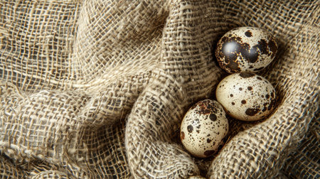 Quail eggs on a burlap sack, rustic and farm-fresh, top viewの素材