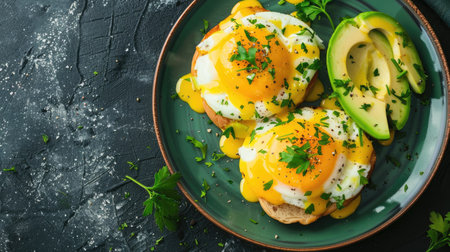 Tasty egg Benedict on a green plate, garnished with fresh herbs and a slice of avocadoの素材