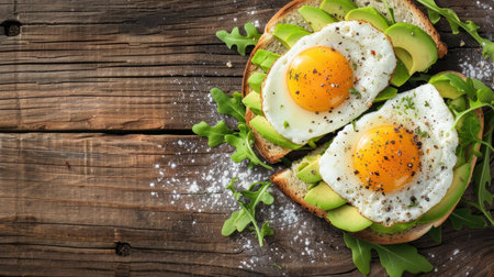 Top view of avocado toast with fried egg, wooden table, healthy breakfast idea, copy spaceの素材