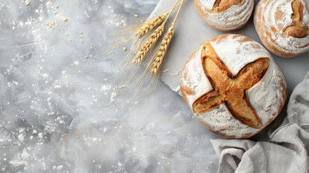 Top view of artisan homemade fresh baked bread with flour and wheat ears on light grey stone background. Ideal for showcasing artisanal bread-making.の素材