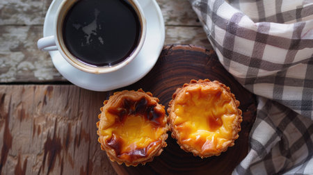 Portuguese egg tart pastel de nata and coffee cup, traditional dessert pairingの素材