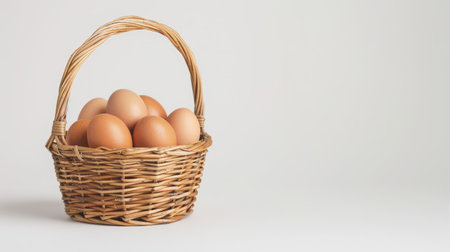 Wicker bamboo basket filled with fresh chicken eggs, white background, food and nutrition ads, ample copy spaceの素材