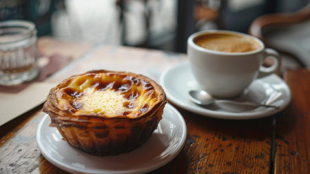 Traditional Portuguese dessert pastel de nata and coffee, perfect pairingの素材