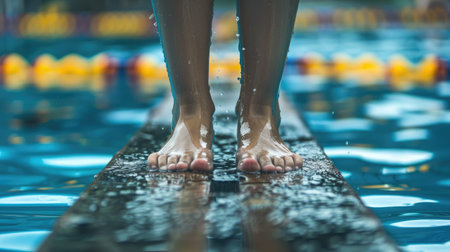 Athlete diver's feet positioned on the springboard, preparing for a diveの素材