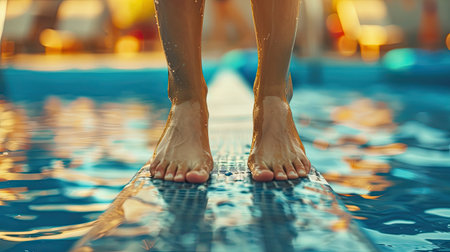 Close-up of sportswoman's feet on a springboard, ready for a competitive diveの素材