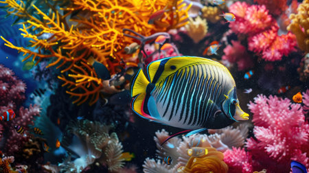 Close-up of marine angelfish among colorful coral formationsの素材