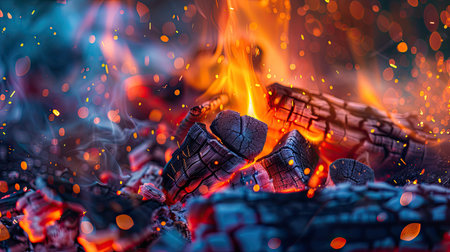 Close-up capture of vivid firewoods burning in a campfire, emitting orange flames and sparksの素材