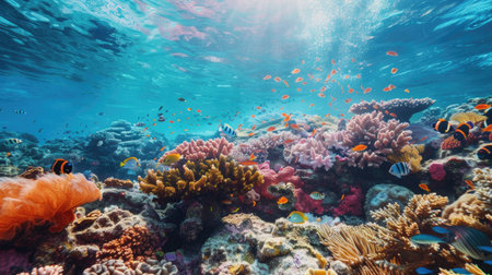 Colorful coral reef ecosystem with small fish swimming in tropical watersの素材