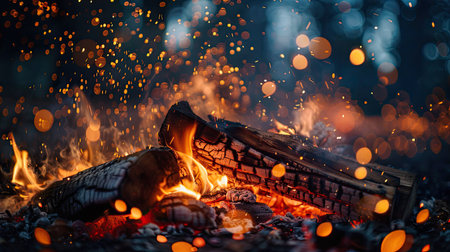 Full-frame image of a bonfire with warm logs and bright sparks floating in the air, creating a mesmerizing sceneの素材