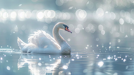 Tranquil scene of a white swan swimming in peaceful water with bokeh effectの素材