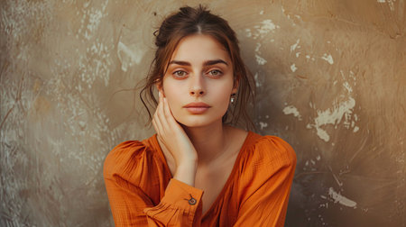 Thoughtful portrait of a woman in stylish orange clothes, isolated on khakiの素材