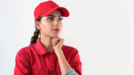 Young woman delivery person with a pensive look, searching for ideas isolated on whiteの素材