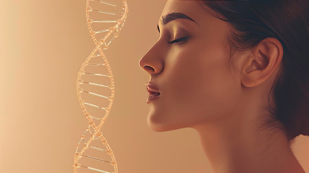 Glass DNA stems and a sensual woman against beige background, highlighting the science of beauty conceptの素材