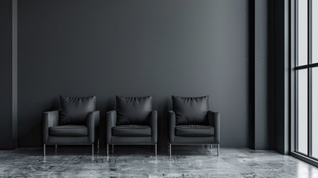 Grey empty wall with stylish armchairs in a contemporary interior, ideal for home decorの素材