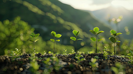 Image of small trees growing in a flourishing green landscape, promoting awareness for environmental care and World Environment Dayの素材