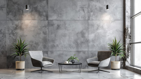 Minimalist living space with grey empty wall and chic armchairs, perfect for design inspirationの素材