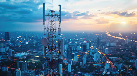 Telecommunication tower with 5G antenna in city background, depicting advanced global connection and internet network conceptの素材