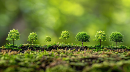 Scene of small trees on a green backdrop, illustrating efforts towards environmental sustainability and World Environment Dayの素材