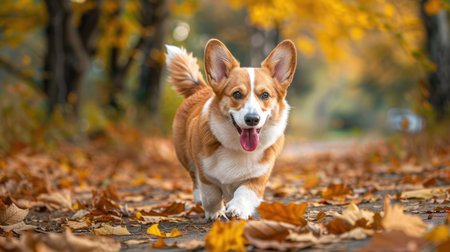 Pembroke Welsh Corgi enjoying an autumn walk, surrounded by the serene beauty of fall foliageの素材