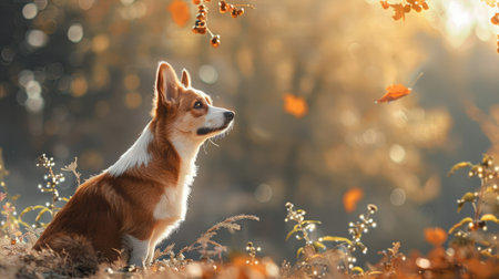 Portrait of a Pembroke Welsh Corgi in the serene autumn park setting, filled with warm huesの素材