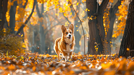 Pembroke Welsh Corgi walking through the vibrant autumn park landscape, a scene of seasonal charmの素材