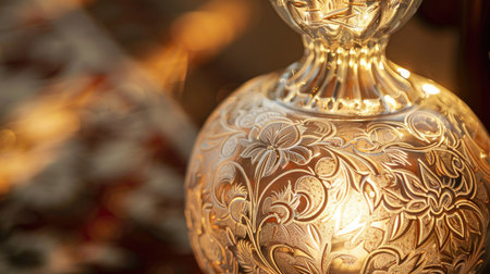 A close-up of a rice-colored glass lamp with intricate patternsの素材