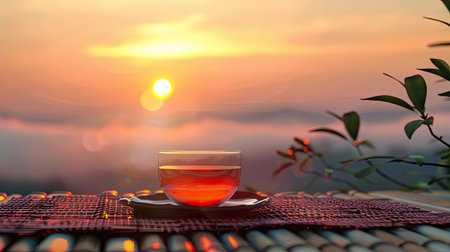A peaceful morning scene with tea in a rice-colored glass and a sunriseの素材