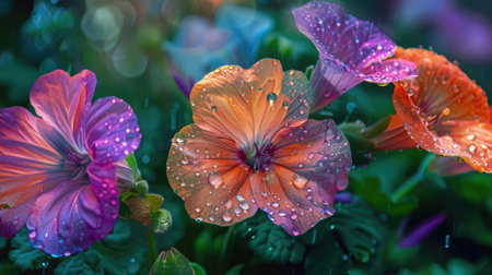 Delicate flowers captured in the morning rain, with droplets enhancing their vibrant colorsの素材