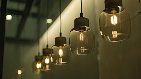 A row of rice-colored glass light bulbs hanging from a modern ceiling fixtureの素材