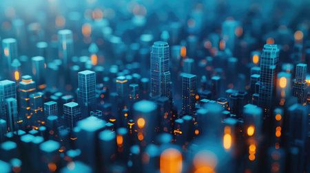 Abstract polygonal shapes creating virtual cityscape. Metaverse futuristic technology.の素材